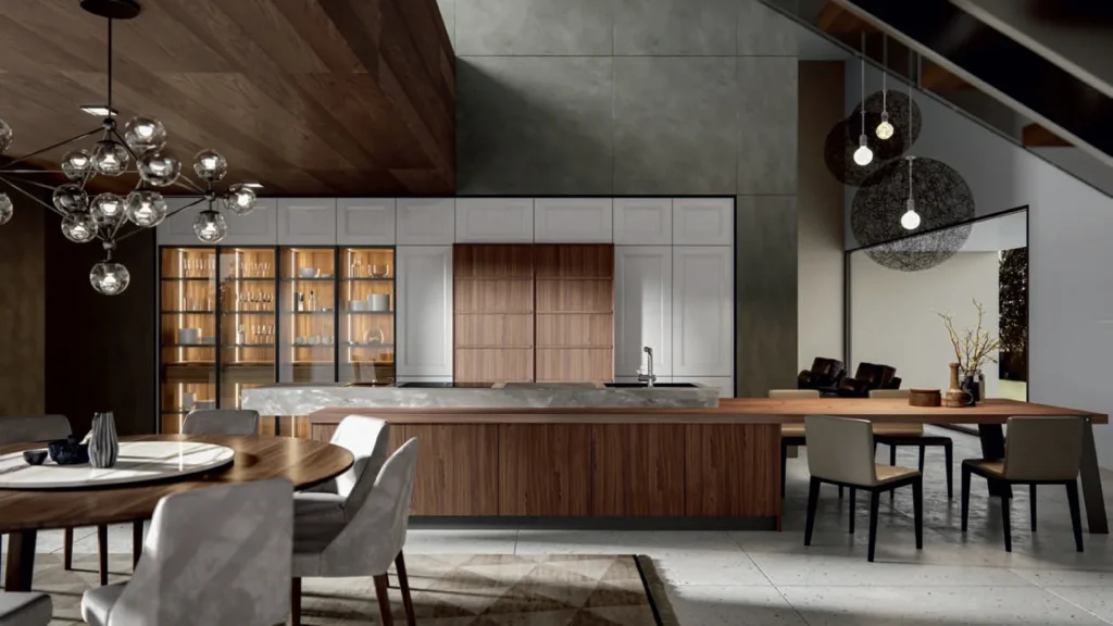 Custom Kitchen in Matt lacquered White, and Canaletto walnut