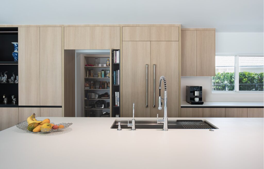 Hidden Pantry with Side Display Cabinets for Books and Valuables