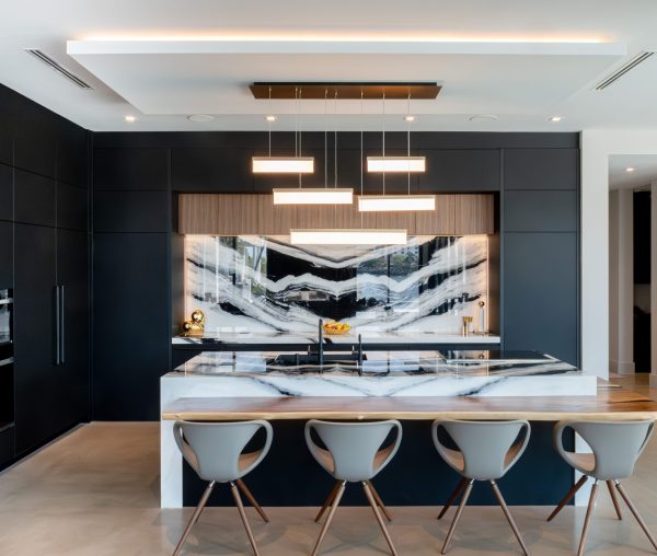 Black and White Kitchen With Panda Marble Backsplash All-Black Modern Kitchen with Panda Marble Backsplash, Giving the All-Black Kitchen Much-Needed Contrast